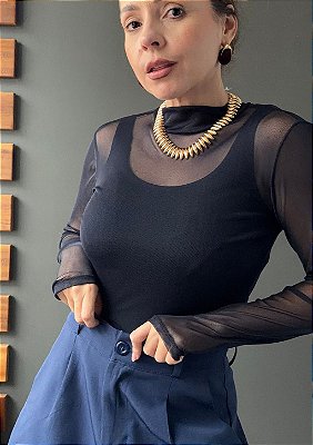 Body Tule Gola Alta e Manga Comprida Alana @usemika Feminino