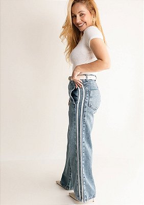 Calça Jeans WideLeg Com Listras Laterais Adriana @usemika Feminino