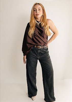 Calça Jeans Wideleg Estonado Black Com Strass Fabiana @usemika Feminino