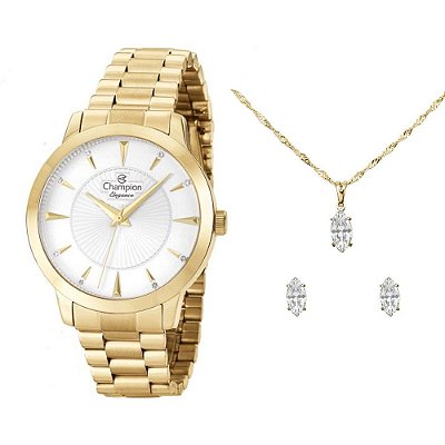 Kit Relógio Champion Feminino CN25092W com Colar e Brincos