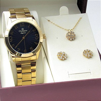 Kit Relógio Champion Feminino CN26564D Colar + Brincos