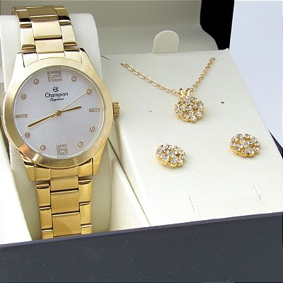 Kit Relógio Champion Feminino CN25145W com Colar e Brincos
