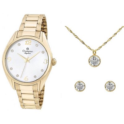 Kit Relógio Champion Elegance Feminino CN25681W com Colar e Brincos