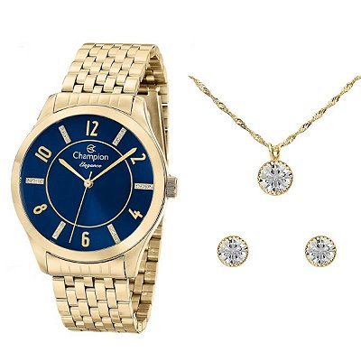 Kit Relógio Champion Elegance Feminino CN27698K com Colar e Brincos