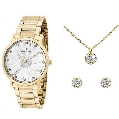 Kit Relógio Champion Elegance Feminino CN25878W com Colar e Brincos