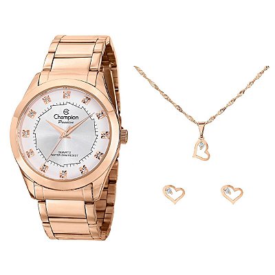 Kit Relógio Champion Elegance Feminino CH24759E com Colar e Brincos