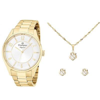 Kit Relógio Champion Feminino CN26288W com Colar e Brincos