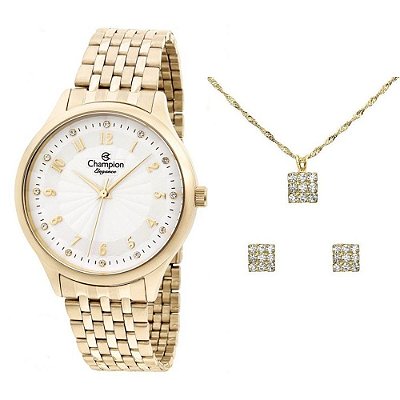 Kit Relógio Champion Feminino CN24100W com Colar e Brincos