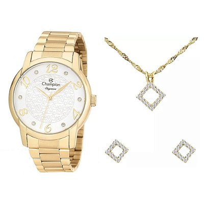 Kit Relógio Champion Feminino CN26224W com Colar e Brincos
