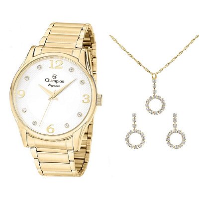 Kit Relógio Champion Feminino CN26215W com Colar e Brincos