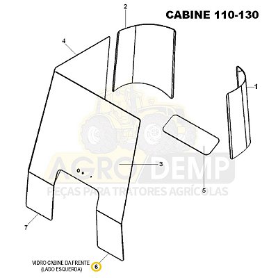 VIDRO FRONTAL PEQUENO DA CABINE (LADO ESQUERDO - ABAIXO DO PARABRISA) - MASSEY FERGUSON 4275 / 4283 / 4290 / 4291 / 4292 / 4297 /4298 E 4299 - 6214874