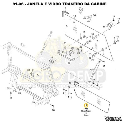 VIDRO INFERIOR TRASEIRA DA CABINE - VALTRA BH140 / BH160 / BH180 / BM85 / BM100 / BM110 / BM120 E 1780  - 81475800