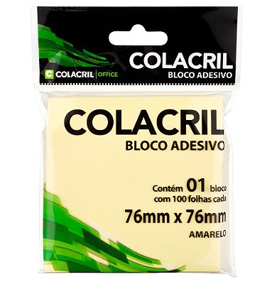 Bloco Adesivo Colacril 76 x 76mm Amarelo Com 100 Folhas Ref: BA76076