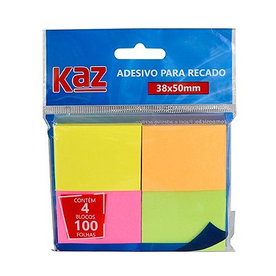 Bloco Adesivo Postit Neon 4 Cores 38 x 50 mm com 4 blocos e 100 folhas cada Kaz Ref: KZ2005N