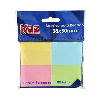 Bloco Adesivo Postit Colorido 4 Cores 38 x 50 mm com 100 folhas cada Kaz Ref: KZ2005C