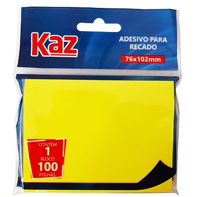 Bloco Adesivo Postit Amarelo Neon 76 x 102 mm com 100 folhas Kaz Ref: KZ2002A