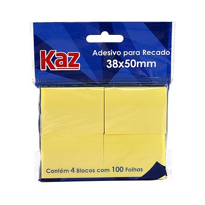 Bloco Adesivo Postit Amarelo Neon 38 x 50 mm com 4 bloco e 100 folhas cada Kaz Ref: KZ2005A