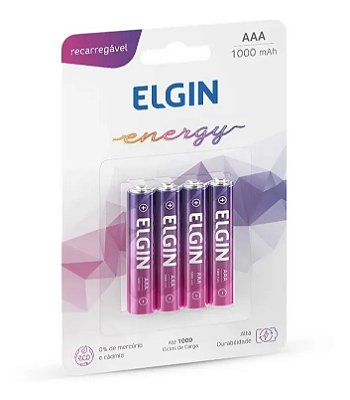Pilha Recarregável AAA 1000 mAh com 4 pilhas de 1.2 v Elgin Ref: 82171