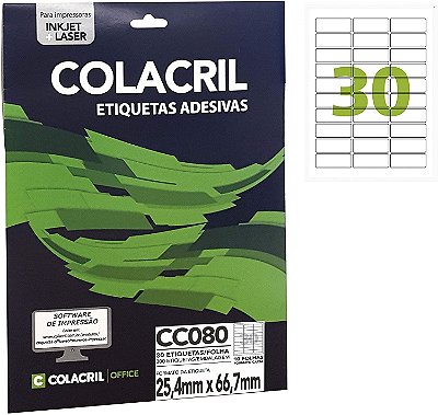 Etiqueta Colacril CC080 25,4 x 66,7 mm com 10 folhas (300 etiquetas)