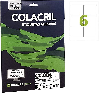 Etiqueta Colacril CC084 84,7 x 101,6 mm com 10 folhas (60 etiquetas)