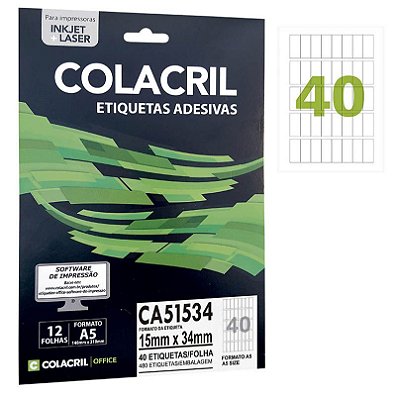 Etiqueta Colacril CA51534 15 x 34 mm com 12 folhas (480 etiquetas)