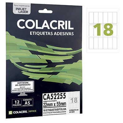 Etiqueta Colacril CA52255 22 x 55 mm com 12 folhas (216 etiquetas)