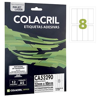 Etiqueta Colacril CA53290 32 x 90 mm com 12 folhas (96 etiquetas)
