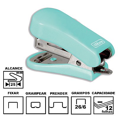Grampeador Tilibra G101 Aqua Mini Plástica 5,8cm 26/6 Ou 24/6 Até 12 Folhas Ref: 301850