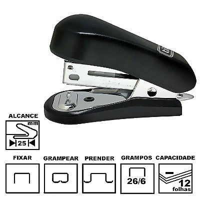 Grampeador Tilibra G101 Preto Mini Plástica 5,8cm 26/6 Ou 24/6 Até 12 Folhas Ref: 289108
