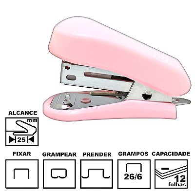 Grampeador Tilibra G101 Rosa Claro Mini Plástica 5,8cm 26/6 Ou 24/6 Até 12 Folhas Ref: 282944