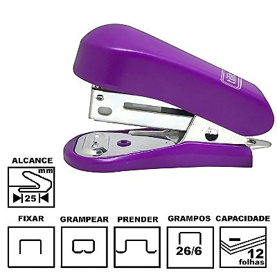 Grampeador Tilibra G101 Roxo Mini Plástica 5,8cm 26/6 Ou 24/6 Até 12 Folhas Ref: 285692