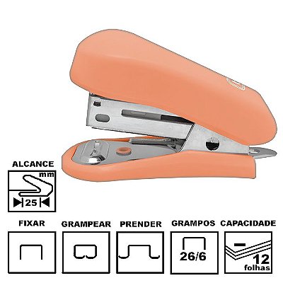Grampeador Tilibra G101 Salmão Mini Plástica 5,8cm 26/6 Ou 24/6 Até 12 Folhas Ref: 315443