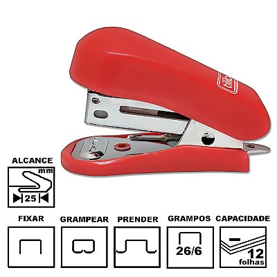 Grampeador Tilibra G101 Vermelho Mini Plástica 5,8cm 26/6 Ou 24/6 Até 12 Folhas Ref: 285609