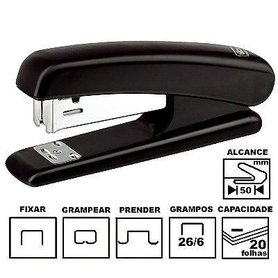 Grampeador Tilibra G102 Preto Plástico 12cm 26/6 Ou 24/6 Até 20 Folhas Ref: 211338
