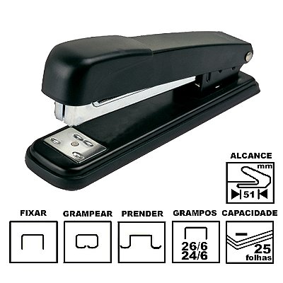 Grampeador Tilibra G105 Preto Metálico 15,8cm 26/6 Ou 24/6 Até 25 Folhas Ref: 211362