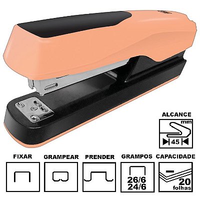 Grampeador Tilibra G122 Salmão Plástico 12cm 26/6 Ou 24/6 Até 20 Folhas Ref: 315451