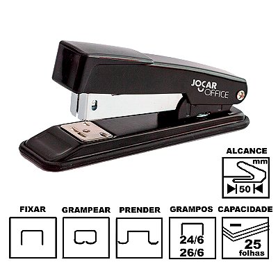 Grampeador Jocar Office 93013 Preto Metálico 11,5cm 24/6 Ou 26/6 Até 25 Folhas