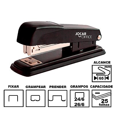 Grampeador Jocar Office 93014 Preto Metálico 13cm 24/6 Ou 26/6 Até 25 Folhas