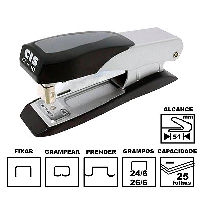 Grampeador Cis C-10 Compact Prata Preto Metálico 12,4cm 26/6 Ou 24/6 Até 25 Folhas Ref: 5.7000