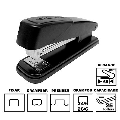 Grampeador Cis C-16 Preto Metálico 12,5cm 24/6 E 26/6 Até 25 Folhas Ref: 33.1500