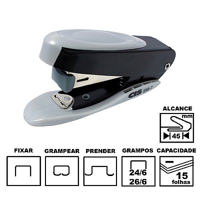 Grampeador Cis C-EM-7 Prata e Preto Plástico 11cm 26/6 Ou 24/6 Até 15 Folhas Ref: 18.8200