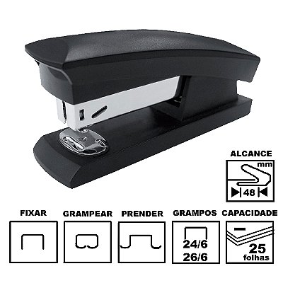 Grampeador Cis C-8 Preto Plástico 11cm 26/6 Ou 24/6 Até 25 Folhas Ref: 20.6800