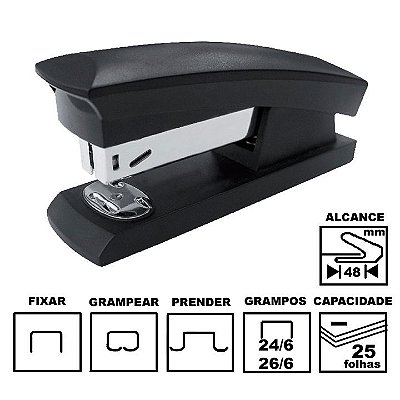 Grampeador Cis C-8 Preto Plástico 11 cm 26/6 ou 24/6 até 25 folhas Ref: 20.6800