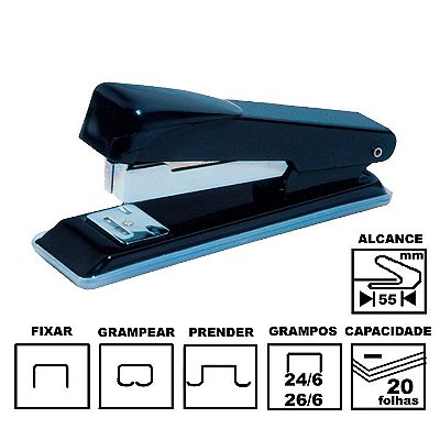 Grampeador Cis C-Plus Line Preto Metálico 11,8 cm 26/6 ou 24/6 até 20 folhas Ref: 5.1200
