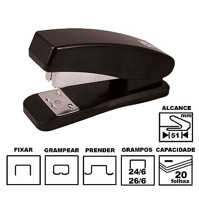 Grampeador Cis C-TS 613 Preto Plástico 10cm 26/6 Ou 24/6 Até 20 Folhas Ref: 5.0100