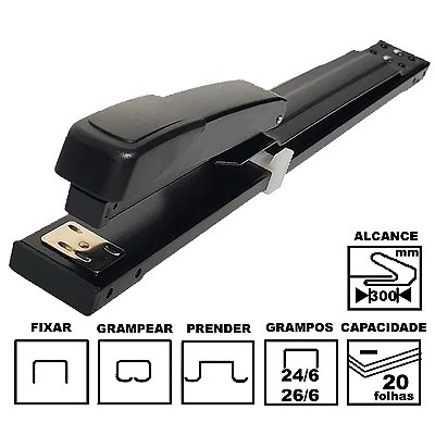 Grampeador Adeck GP 105L Preto Metálico 41,5cm 26/6 Ou 24/6 Até 20 Folhas