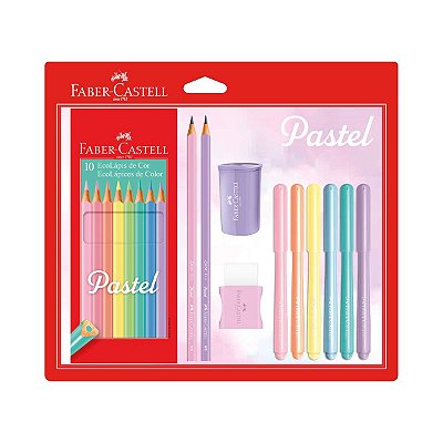 Kit Tons Pastel com 20 Unidades (Lápis de Cor, Caneta Hidrográfica, Borracha, Apontador) Faber Castell Ref: KIT/PASTEL