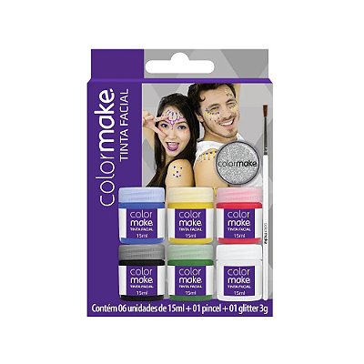 Pintura Facial Líquida 6 Cores 15ml Cada Com Pincel E 1 Glitter 3g ColorMake Ref: 1000