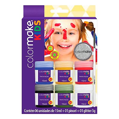Pintura Facial Líquida Kids 6 Cores 15ml Cada Pincel E Glitter 3g ColorMake Ref: 1002