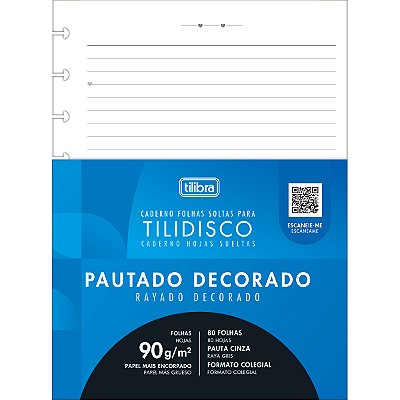 Refil Colegial Médio Tilidisco Branco Pautado Decorado 80 Folhas 90g/m² Tilibra Ref: 341835